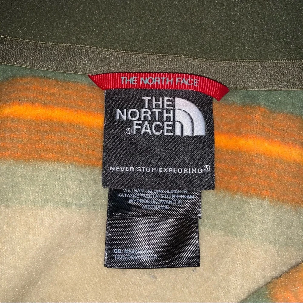 The North Face Olive Green Tan and Orange Striped Half-Zip Pullover